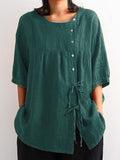 Women’s Solid Color Multiple Options Print Casual Cotton And Linen Shirt Green / S