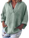 Women’s Solid Color Cotton And Linen V-Neck Long Sleeve Blouse Green / S