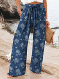 Women’s Vintage Ethnic Floral Art Printed Cotton And Linen Casual Pants Blue / S