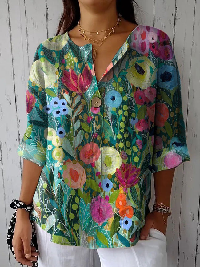 Women’s Vintage Flower Casual Cotton Linen Shirt Multicolor / S