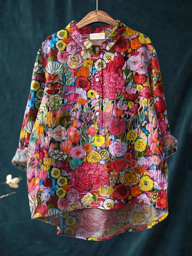 Women’s Floral Art Print Casual Cotton And Linen Shirt Multicolor / S