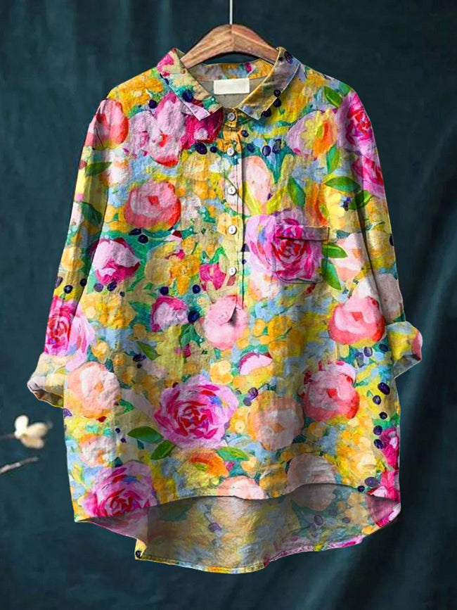 Women’s Flower Print Casual Cotton And Linen Shirt Multicolor / S