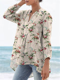 70S Style Vintage Rose Pattern Printed Women’s Casual Linen V-Neck Shirt Multicolor / S