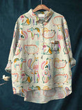 Women’s Cute Animal Art Print Casual Cotton And Linen Shirt Multicolor / S