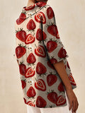 Women’s Vintage Lovely Strawberry Art Print Casual Linen V-Neck Shirt