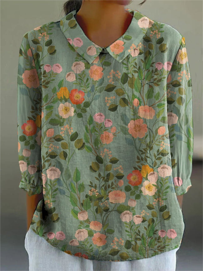 Women’s Retro Floral Print Casual Cotton And Linen 3/4 Sleeve Shirt Green / S