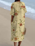 Women’s Vintage Floral Art Print Pocket Linen Dress（Convertible Dress With Front And Back Option）