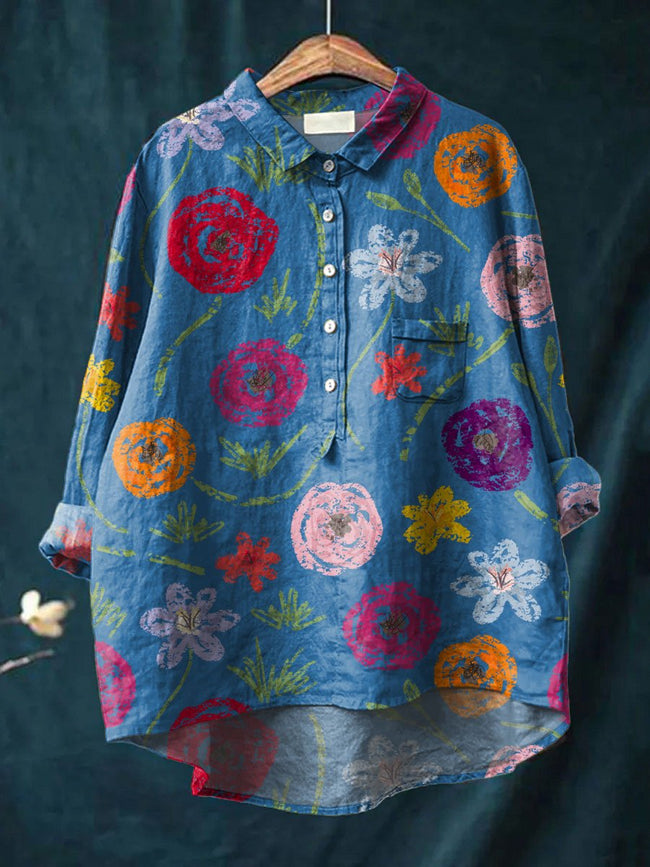 Women’s Vintage Flower Print Casual Cotton And Linen Shirt Multicolor / S