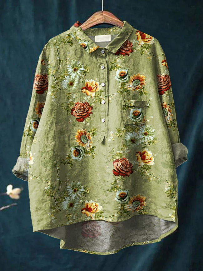 Women’s Floral Art Print Casual Cotton And Linen Shirt Multicolor / S