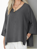 Women’s Solid Color Loose Elegant Casual Cotton And Linen T-Shirt Grey / S