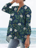 Tranquil White Floral Bush Pattern Printed Women’s Casual Linen V-Neck Shirt Multicolor / S