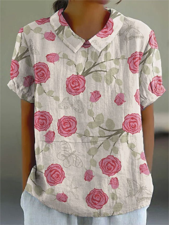 Women’s Rose Flower Print Casual Cotton And Linen Shirt Multicolor / S