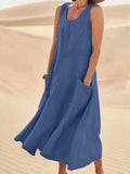 Women Sleeveless Sundress Elegant Round Neck Cotton Linen Solid Long Tank Casual Summer Dress Blue