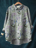 Tranquil Spring Field Pattern Printed Women’s Casual Cotton And Linen Shirt Multicolor / S