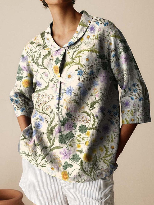 Women's Elegant Floral Print Casual Linen Cotton 3/4 Sleeve Shirt