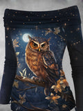 Women's Owl Fall Art Print Off Shoulder Foldover Cinched Top