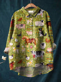 Vintage Lovely Woodland Animals Art Print Casual Cotton And Linen Shirt Multicolor / S