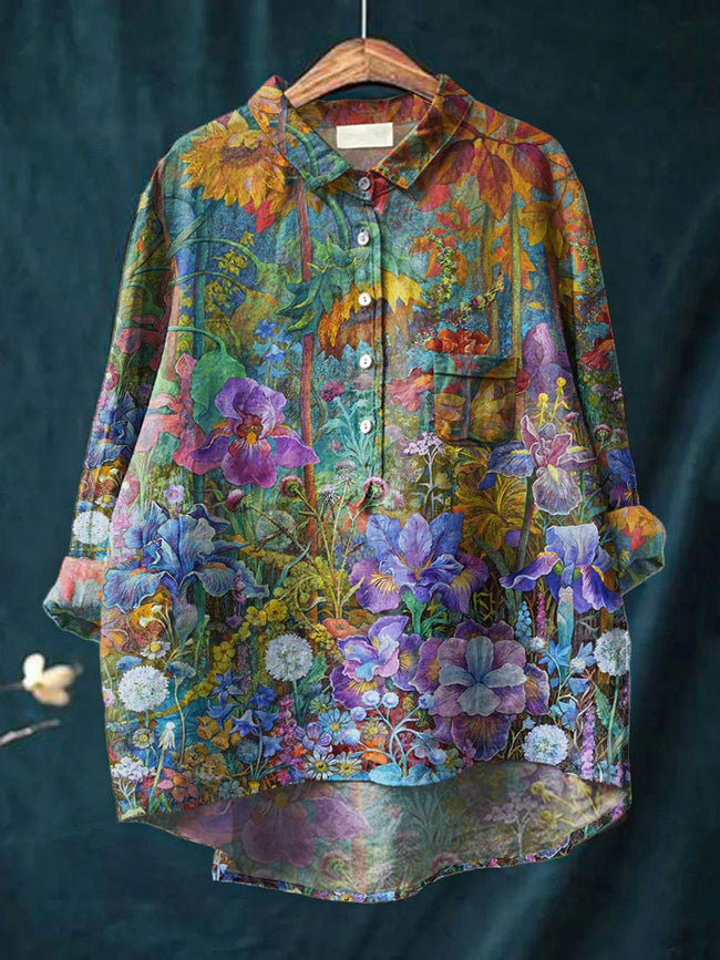 Women’s Vintage Flower Art Print Casual Cotton And Linen Shirt Multicolor / S