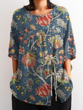 Women’s Vintage Floral Art Print Casual Cotton And Linen Shirt Multicolor / S