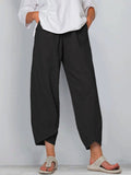 Women’s Solid Color Loose Elegant Casual Simple Cotton And Linen Ninth Pants Black / S