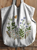 Embroidery Style Floral Bush Pattern Printed Linen Tote Bag