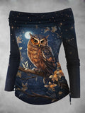 Women's Owl Fall Art Print Off Shoulder Foldover Cinched Top