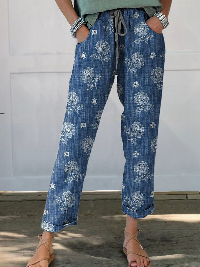 Women’s Retro Floral Elegant Art Printed Cotton And Linen Casual Pants Blue / S