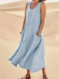 Women Sleeveless Sundress Elegant Round Neck Cotton Linen Solid Long Tank Casual Summer Dress Sky