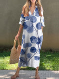 Women’s Retro Botanical Floral V-Neck Linen Pocket Dress