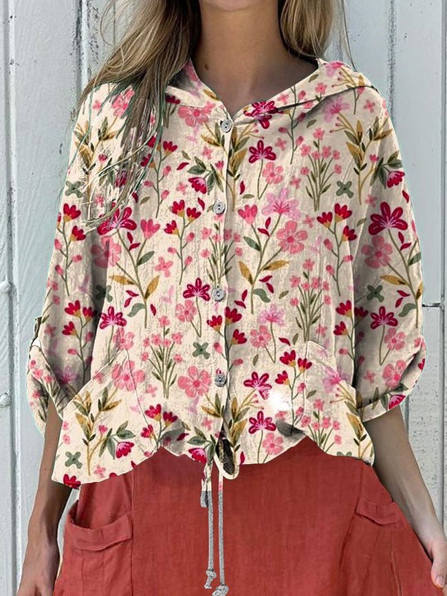 Women’s Red And Pink Pastoral Floral Print Hooded Drawstring Linen Casual Blouse Multicolor / S