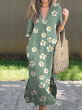 Women’s Lovely Cute Flowers Art Print V-Neck Linen Pocket Dress Green / S