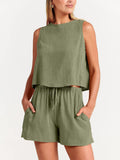 Women’s Solid Color Loose Elegant Casual Cotton And Linen Sleeveless Suit Green / S