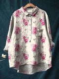 Pink Rose Pattern Printed Women’s Casual Cotton And Linen Shirt Multicolor / S