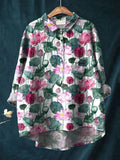 Women’s Vintage Lovely Elegant Lotus Art Print Casual Cotton And Linen Shirt Multicolor / S