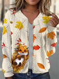 Women's Casual Cute Maple Fox Knit Cardigan Jacket