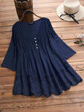 Women’s Jacquard Pleats And Lace Hollow V-Neck Shirt Navy / S