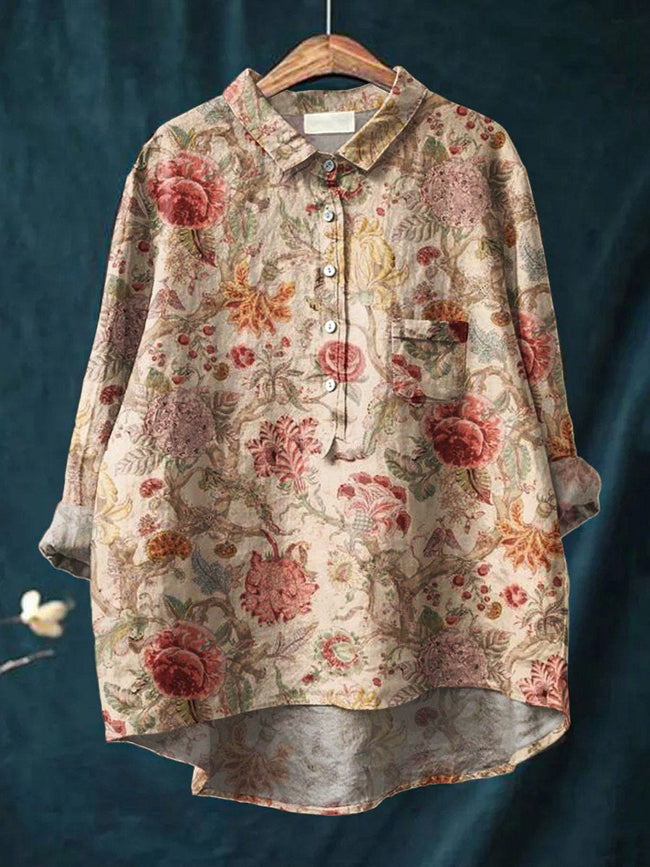 Women’s Floral Art Print Casual Cotton And Linen Shirt Multicolor / S