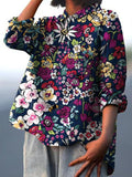 Women’s Colorful Floral Print On Dark Blue Background Casual Cotton And Linen Shirt