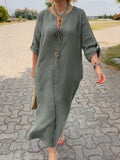 Women’s V-Neck Button Detail Imported Cotton Linen Pocket Dress Green / S