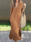 Women’s Solid Color V-Neck Linen Pocket Dress Khaki / S