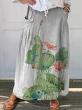 Women’s Vintage Lovely Lotus Art Printed Linen Pocket Skirt Multicolor / S