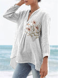 Watercolor Floral Bush Printed Women’s Casual Linen V-Neck Shirt White / S