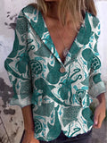 Vibrant Sea Creatures Pattern Printed Women’s Linen And Cotton Pocket Coat Greenwhite / S