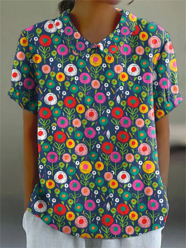 Women’s Flower Art Print Casual Cotton And Linen Shirt Multicolor / S