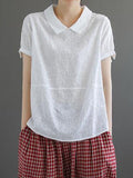 Cotton Short Sleeve Retro Style Thin Summer Shirt White / M