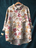 Women’s Yellow And Red Floral Print On Pink Background Casual Cotton And Linen Shirt Multicolor / S