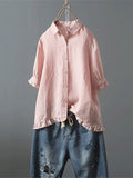 Women’s Cotton And Linen Casual Single-Row Button Ruffle Shirt Pink / S