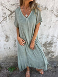 Stylish Cotton And Linen V-Neck Dress Green / Xs