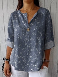 Small Floral And Vine Pattern Printed Women’s Casual Cotton Linen Shirt Blue / S