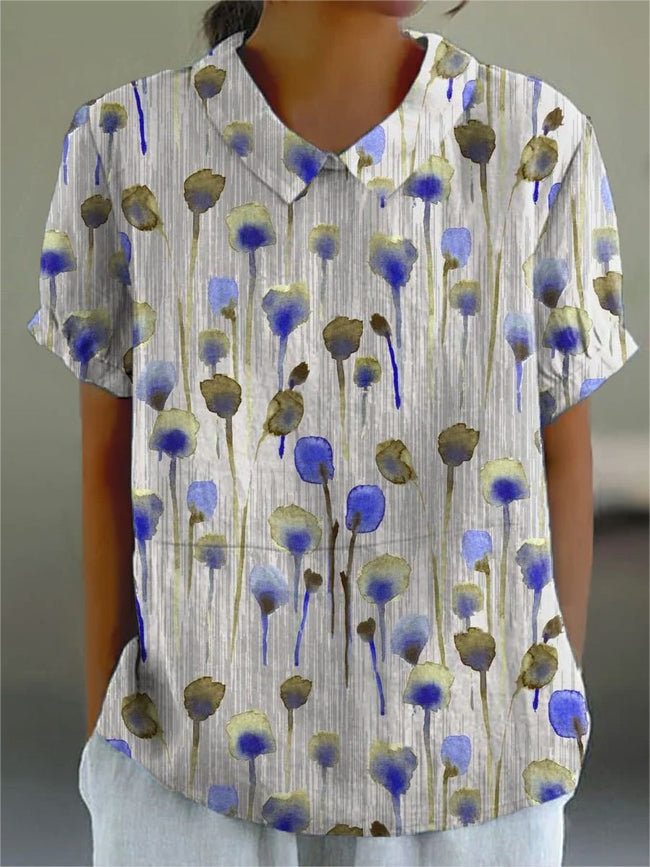 Women’s Flower Print Casual Cotton And Linen Shirt Multicolor / S